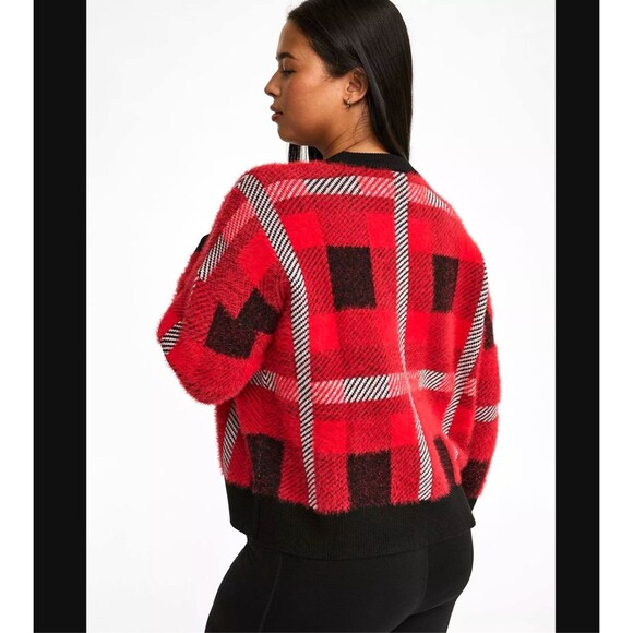 Torrid Cropped Cardigan 3X 22 24 Luxe Plaid Cozy Eyelash Fuzzy Drop Shoulder NWT - Picture 5 of 7